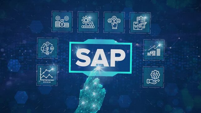 SAP System Software Automation - Enterprise Resource Planning (ERP) technology construction concept with hand video on virtual screen. Systems, Applications, Products, Data Processing.