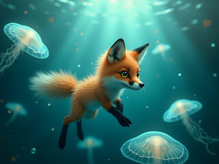 Enchanting underwater scene featuring a slender rusty-red fox gracefully swimming amidst glowing jellyfish in a serene aquatic environment