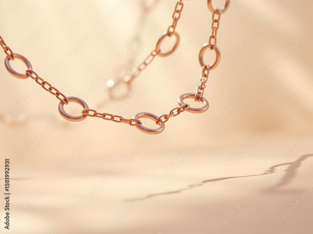 Poster ethereal looped chain of intricately linked delicate metallic forms reflecting soft light creating a