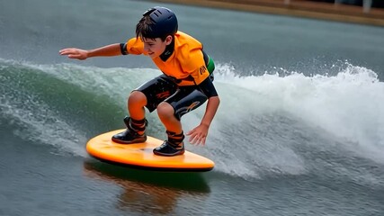 Boy on orange wakeboard, actively riding wave, dynamic pose, water sports action shot. He wears black boots, orange shirt, black shorts