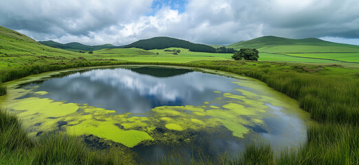 Serene landscape featuring tranquil pond surrounded by lush green hills and cloudy sky.
