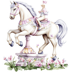 Elegant white horse carousel figurine with a girl rider, surrounded by pink flowers and detailed decorative elements
