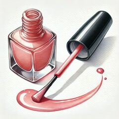 Open nail polish bottle with black cap, brush and pink liquid stroke on textured white background. Watercolor illustration.