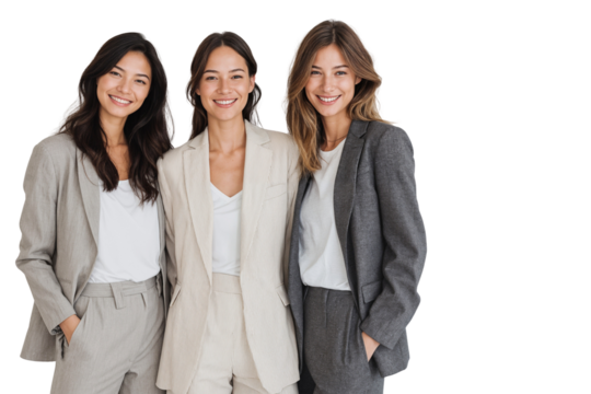 Three smiling businesswomen in professional attire, ideal for corporate, team, success, and professional stock photography.