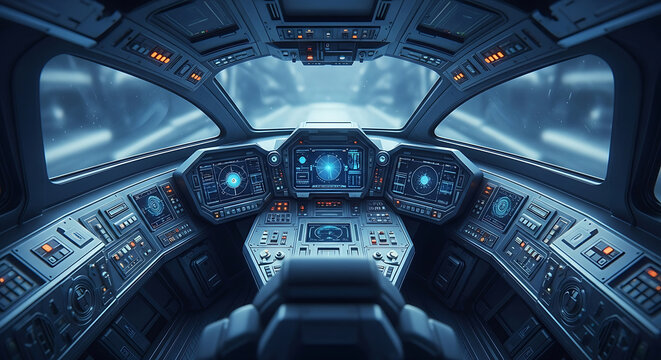Futuristic spaceship cockpit interior view showcasing detailed control panels and glowing displays