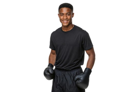 Portrait of a smiling young boxer in black sportswear and gloves, showing confidence and strength, isolated on white background - Powered by Adobe