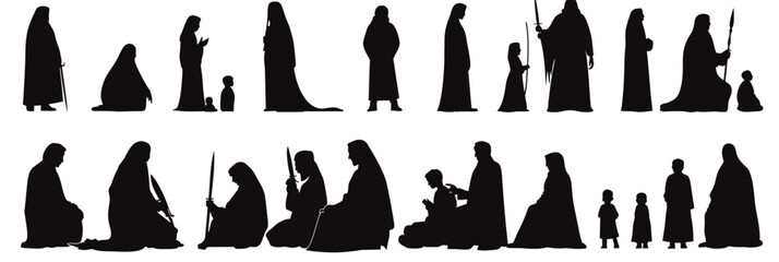 Silhouette set of Arabic Muslim family men women children in traditional thobe kandura ghutra agal clothing holding swords sceptre sitting and standing in flat minimalist style vector