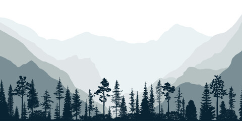 Mountain landscape with forest, mountain valley, morning light, vector illustration, panoramic view