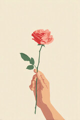 Hand holding a single red rose against a soft beige background in a minimal flat illustration style