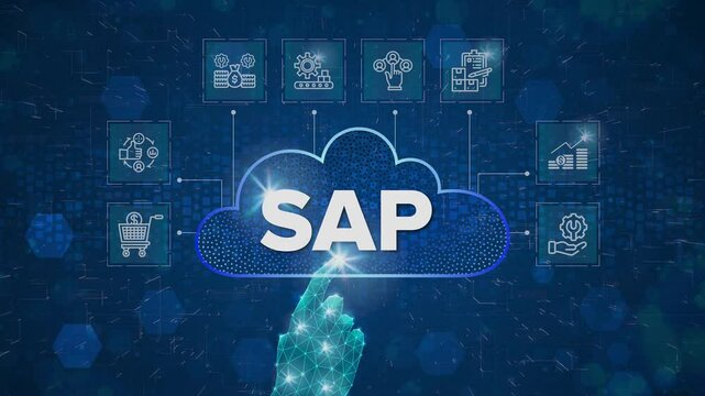 SAP System Software Automation - Enterprise Resource Planning (ERP) technology construction concept with hand video on virtual screen. Systems, Applications, Products, Data Processing.