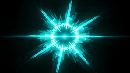 A glowing cyan geometric structure bursts from a central point in a dark space - Powered by Adobe