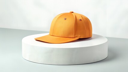 Fototapeta premium Vibrant orange baseball cap displayed on a modern white pedestal