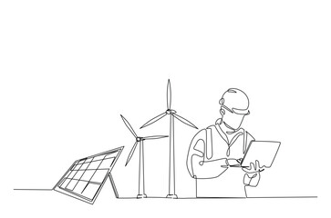 Engineer maintanence turbines wind generator with solar panel in continuous one line drawing. Single line art illustration of eco energy service..