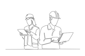 Male and female engineer works with notebook in continuous one line drawing. Single line art illustration of  worker holding electronic device.