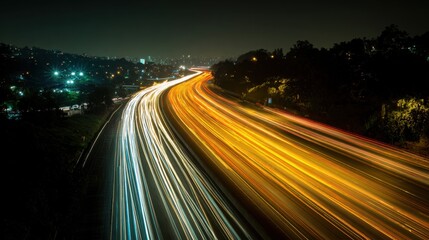 Obraz premium Long exposure of busy highway at night with glowing light trails and city skyline in distance perfect for speed concepts, transportation visuals and futuristic urban designs
