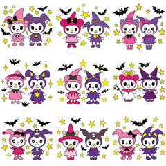 Fototapeta premium Cute kawaii Halloween characters in costumes with bats and stars