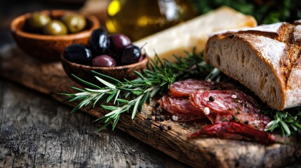 Rustic Italian antipasto platter with sliced salami, black and green olives, fresh rosemary and crusty bread on wooden board perfect for restaurant menus and culinary blog visuals