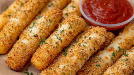 Golden mozzarella cheese sticks with crispy breadcrumb coating served with marinara sauce. Fast food appetizer garnished with fresh parsley herbs on wooden surface.