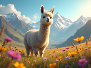 Fototapeta premium Photorealistic Alpaca Portrait Amidst Vibrant Wildflowers with Majestic Mountains Backdrop Under a Sunny Blue Sky