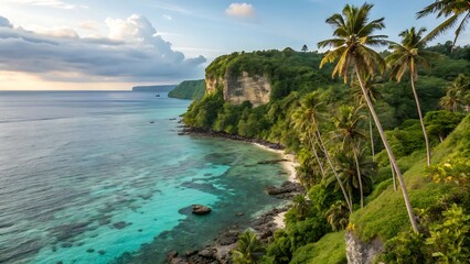 Fototapeta premium Lush green tropical island coastline with turquoise water and palm trees under a cloudy sky lush green cliffs