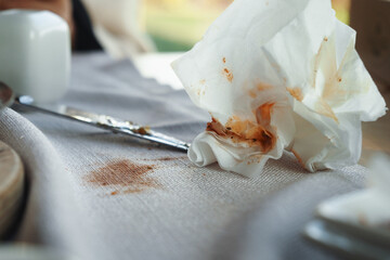 Messy table setting after a meal at a casual restaurant