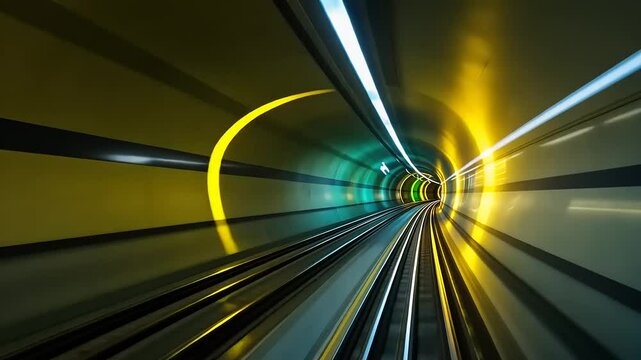 Abstract motion blur of a subway tunnel with illuminated lines creating a dynamic and vibrant scene