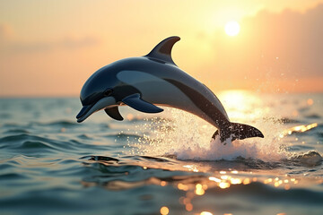 Fototapeta premium Magnificent Dolphin Leaping Over the Ocean Waves at Sunset in a Breathtaking Photorealistic Display of Nature's Splendor