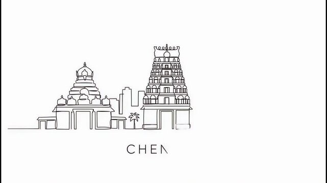 Animated Drawing of Chennai, India Skyline. Continuous Single Line Art Reveal on White Background. 4K.