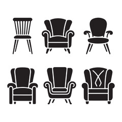 Fototapeta premium Collection of Various Chair Designs in Black Silhouette Style silhouette icons.
