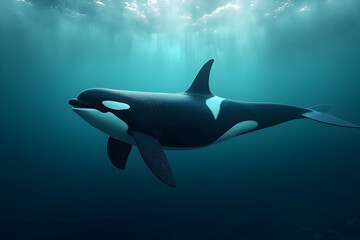 Fototapeta premium Majestic Orca Whale Gracefully Gliding Through Tranquil Ocean Depths in a Stunning Aquatic Display