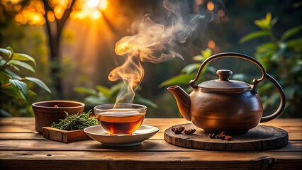 Fototapeta premium Steaming cup of herbal tea and brown teapot on wooden table with sun rays and greenery background hot drink