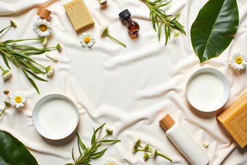 Flatlay of natural skincare products and botanical ingredients on neutral linen background with ceramic bowls, amber bottles, herbs, and flowers styled for spa, beauty, and organic cosmetic branding