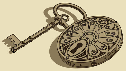 A vintage key and ornate padlock with intricate designs on a light beige background casting shadows