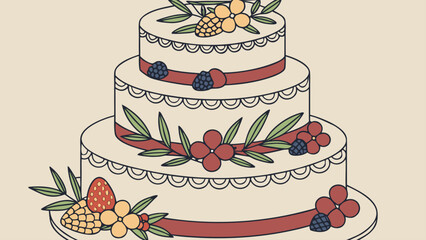 Illustration of a three tiered cake decorated with fruit and floral accents on a light background