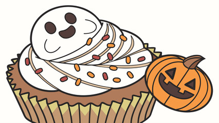 A halloween cupcake with a ghost shaped topping and a pumpkin on a white background design