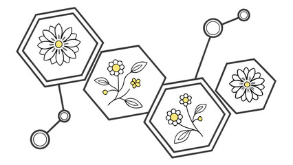 Geometric floral arrangement featuring daisy flowers and botanical elements in hexagon frames design art