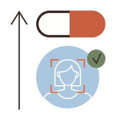 Capsule, human profile illustration with verification checkmark and upward arrow suggesting growth. Ideal for healthcare, progress, medical innovation, technology, user focus, personalized care