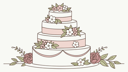 Illustration of a four tiered wedding cake decorated with pink flowers and green leaves design element