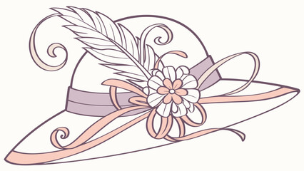 Illustration of a fancy hat with a feather and a flower with ribbons in pastel colors style design