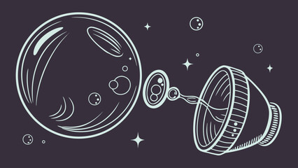 Illustration of a bubble wand with a large bubble and smaller floating bubbles on a dark background