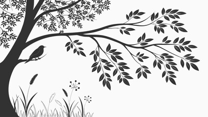 Silhouette illustration of a bird perched on a tree branch with grass and flowers below it nicely done