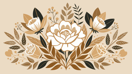 Floral arrangement featuring a large white flower surrounded by brown and black leaves and buds design
