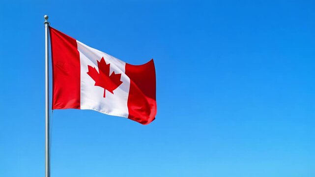 Witness the photorealistic Canadian flag waving proudly against a clear blue sky, showcasing a bold red maple leaf and crisp fabric texture under bright, clean lighting.