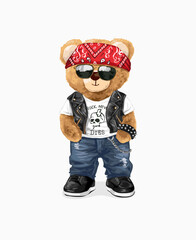 cool bear doll in bandana and leather vest vector illustration