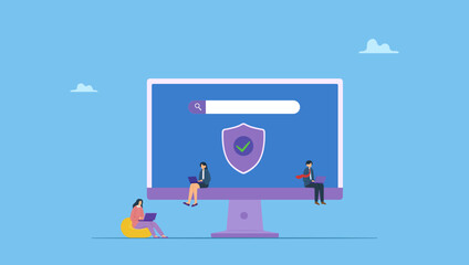 Business people with VPN shield and computer. VPN virtual private network, security protection for internet access, technology or firewall encryption to protect computer network, safety or privacy.