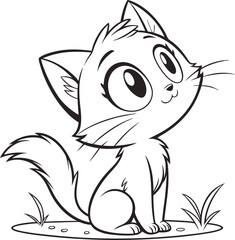 Adorable Cartoon Kitten Sitting on the Ground Gazing Upwards with a Sweet Expression in Black and White Outline