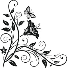 Fototapeta premium Elegant Floral Corner Design with Butterfly Graceful Swirls and Decorative Leaves for Invitations and Artistic Projects Flourishing Vector Illustration