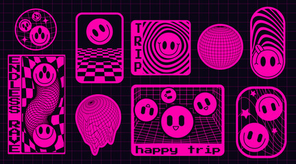 Hot pink rave sticker pack with smiling faces - circular globe design, checkered card, trippy vortex badge, groovy twisted mesh teardrops, happy trip box with emoticons for party and techno events.