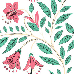 Floral Pattern with Pink Flowers and Green Leaves Against White Backdrop in an Artistic Style Illustration