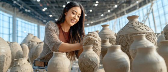 Creating beautiful pottery, woman skillfully shapes clay bright studio filled with various ceramic pieces, showcasing her artistic talent